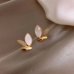 Crystal Cat Eye Stone Leaf Shaped Stud Earrings