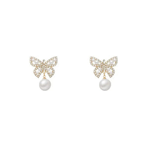 Micro Crystal Diamond Pearl Butterfly Earrings