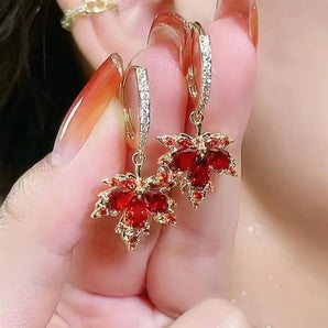 Red Maple Leaf Pattern Earring Studded With Stones