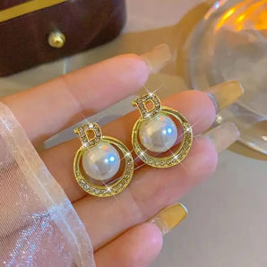 Gold Plated D Shaped  Big Pearl Stud