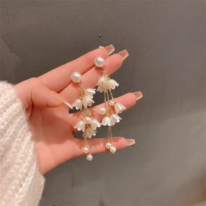 Pearl Lily Long Tassel Flower Earrings