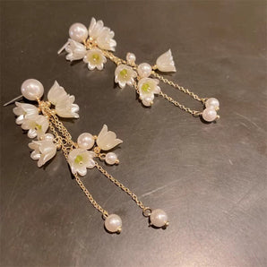 Pearl Lily Long Tassel Flower Earrings