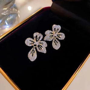 French Flower Shaped Rhinestone Earrings