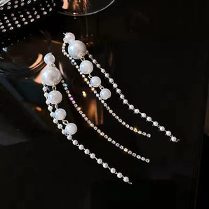 Long Pearl & Rhinestone Danglers