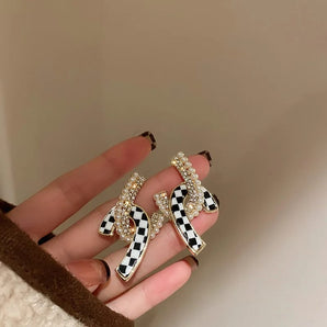 Black & White Check Patterned Rhinestone Abstract Earrings