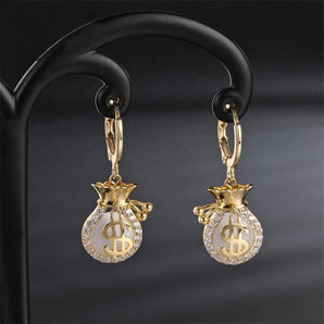 Dollar Bag Shaped Golden Dangle Earrings