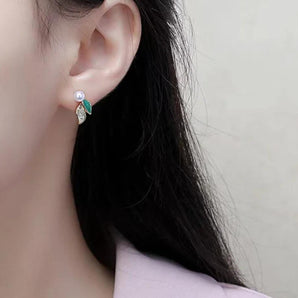 Cute Small Green White Leaf With Pearl & Diamond Stud