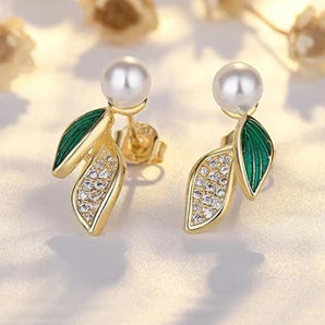 Cute Small Green White Leaf With Pearl & Diamond Stud